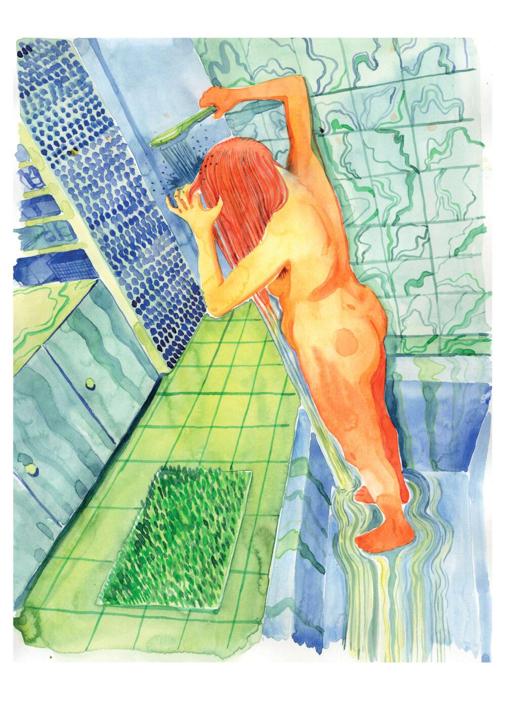 Illustration à l'aquarelle femme douche, oeuvre d'art à la galerie atelier entourage de l'artiste Alice Sarrauste