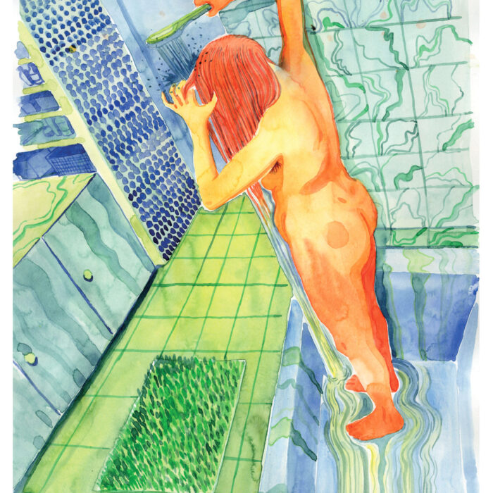 Illustration à l'aquarelle femme douche, oeuvre d'art à la galerie atelier entourage de l'artiste Alice Sarrauste