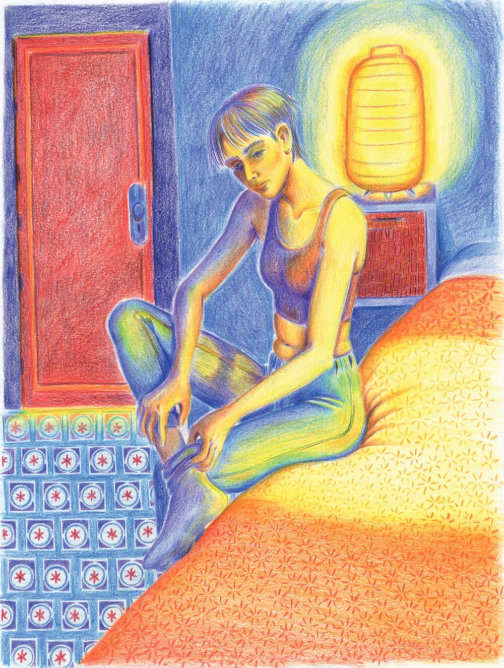 Illustration aux crayons de couleur, oeuvre d'art à la galerie atelier entourage de l'artiste Alice Sarrauste