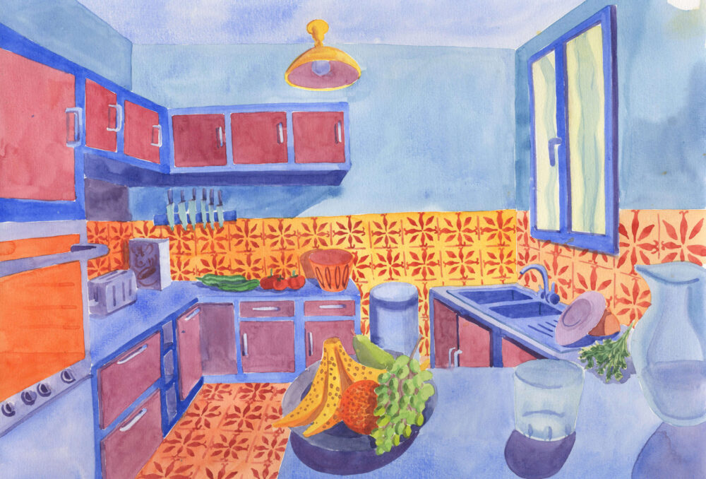 Illustration à l'aquarelle cuisine motif, oeuvre d'art à la galerie atelier entourage de l'artiste Alice Sarrauste