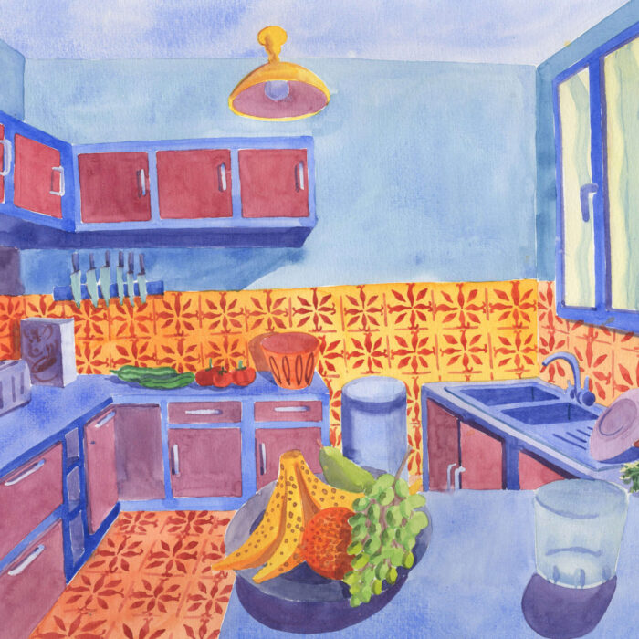 Illustration à l'aquarelle cuisine motif, oeuvre d'art à la galerie atelier entourage de l'artiste Alice Sarrauste