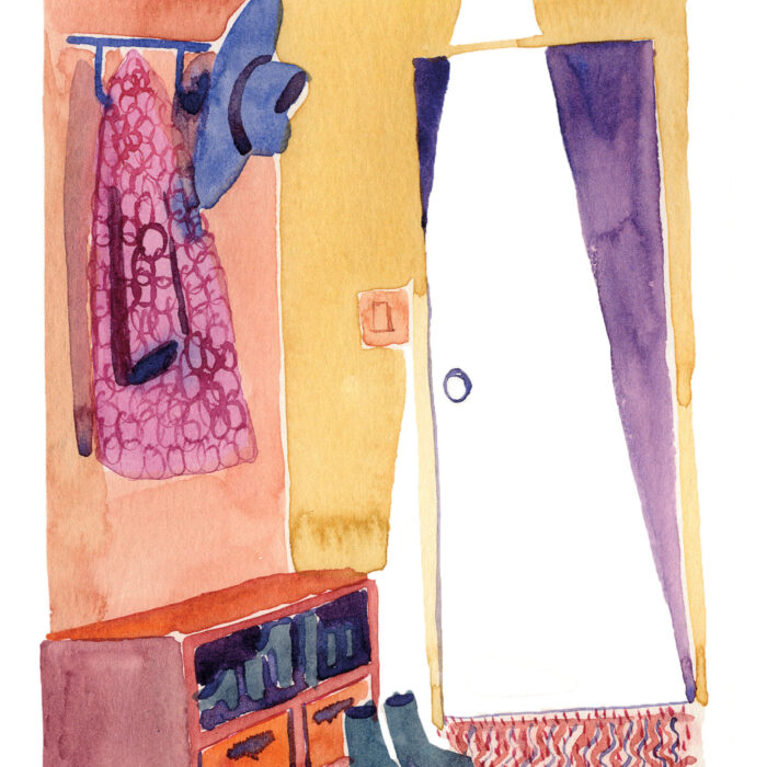 illustration aquarelle entrée d'appartement, oeuvre d'art à la galerie atelier entourage de l'artiste Alice Sarrauste