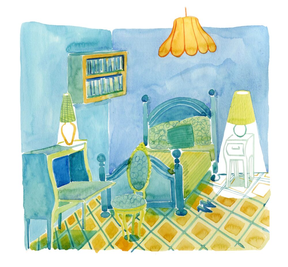 Illustration à l'aquarelle représentant une chambre bleu, œuvre d'art à la galerie atelier entourage de l'artiste Alice Sarrauste