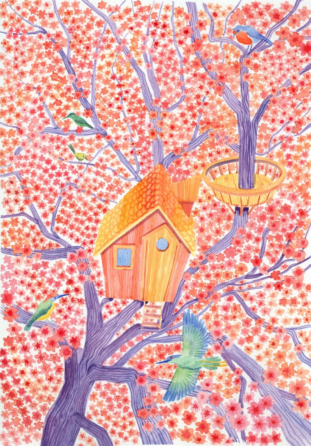 Illustration à l'aquarelle représentant une cabane dans un arbre, œuvre d'art à la galerie atelier entourage de l'artiste Alice Sarrauste