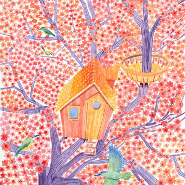 Illustration à l'aquarelle représentant une cabane dans un arbre, œuvre d'art à la galerie atelier entourage de l'artiste Alice Sarrauste