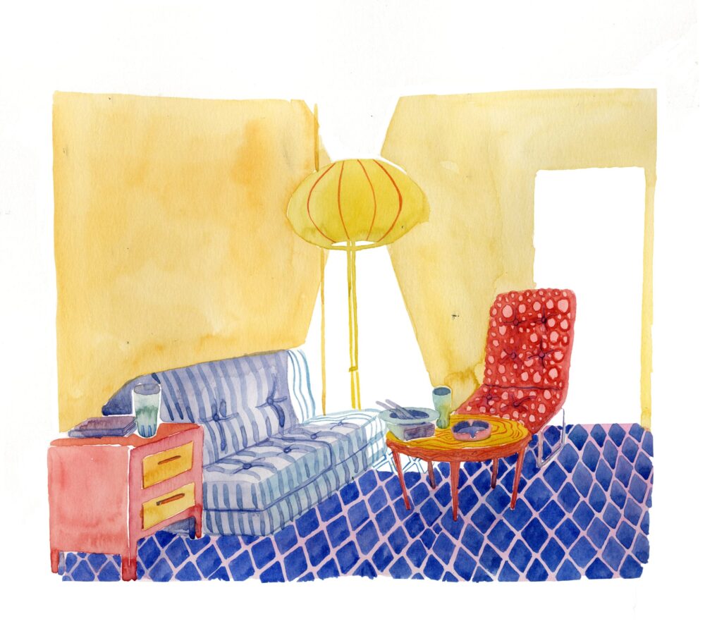 Illustration à l'aquarelle représentant un salon carrelage bleu, œuvre d'art à la galerie atelier entourage de l'artiste Alice Sarrauste