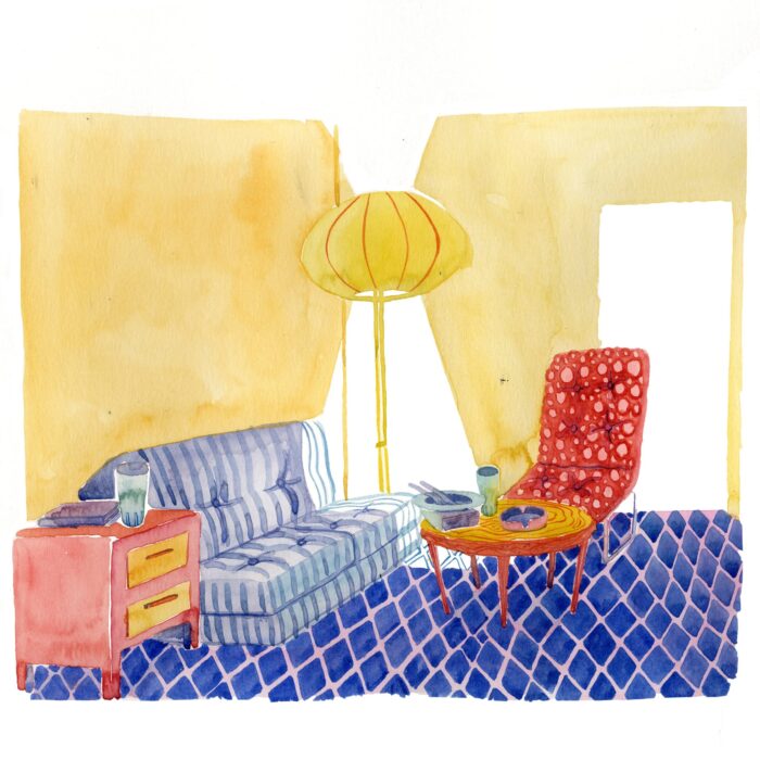 Illustration à l'aquarelle représentant un salon carrelage bleu, œuvre d'art à la galerie atelier entourage de l'artiste Alice Sarrauste