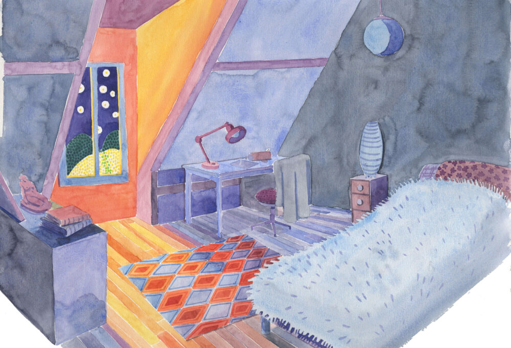 Illustration à l'aquarelle chambre d'adolescente de nuit, oeuvre d'art à la galerie atelier entourage de l'artiste Alice Sarrauste