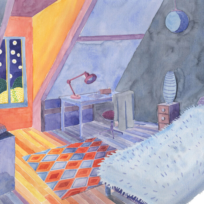 Illustration à l'aquarelle chambre d'adolescente de nuit, oeuvre d'art à la galerie atelier entourage de l'artiste Alice Sarrauste