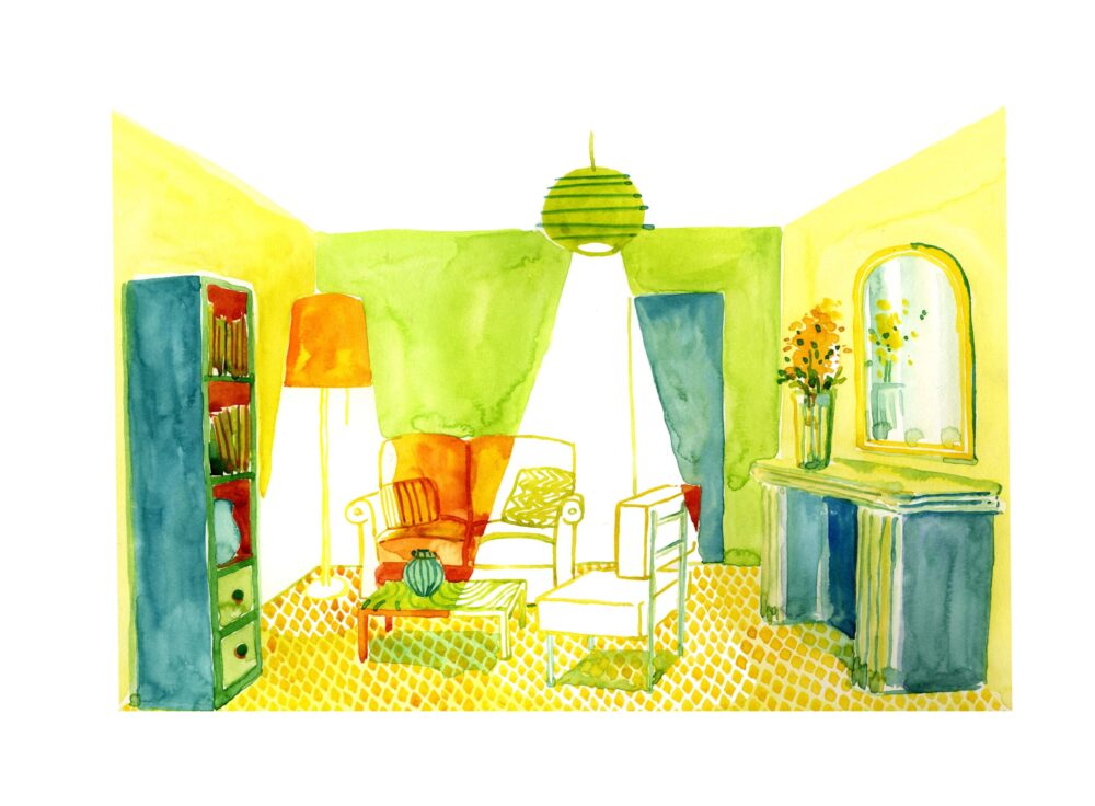 Illustration à l'aquarelle représentant un salon vert, œuvre d'art à la galerie atelier entourage de l'artiste Alice Sarrauste