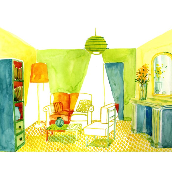 Illustration à l'aquarelle représentant un salon vert, œuvre d'art à la galerie atelier entourage de l'artiste Alice Sarrauste