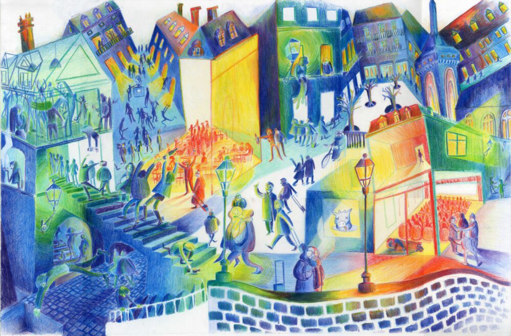 Illustration aux crayons de couleur représentant une ville de nuit en fête, œuvre d'art à la galerie atelier entourage de l'artiste Alice Sarrauste