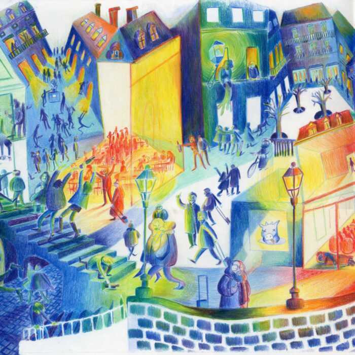 Illustration aux crayons de couleur représentant une ville de nuit en fête, œuvre d'art à la galerie atelier entourage de l'artiste Alice Sarrauste