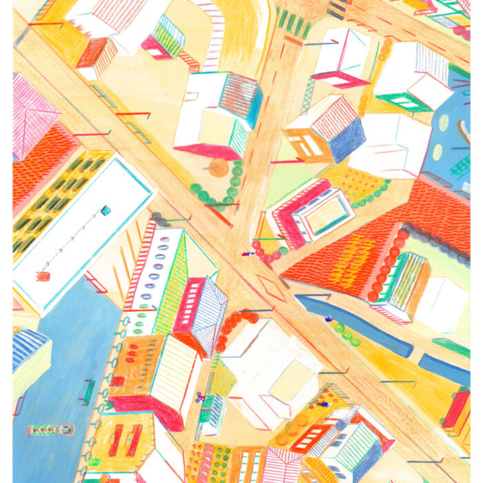 Illustration collorée d'un quartier de Tokyo de l'artiste Sanae Nicolas à la galerie atelier entourage