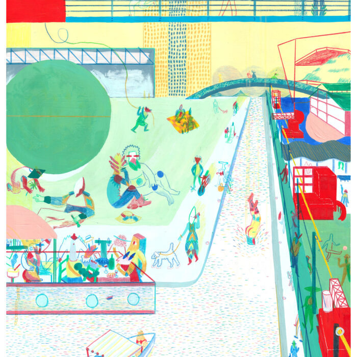 Illustration collorée du parc de la villette de l'artiste Sanae Nicolas à la galerie atelier entourage