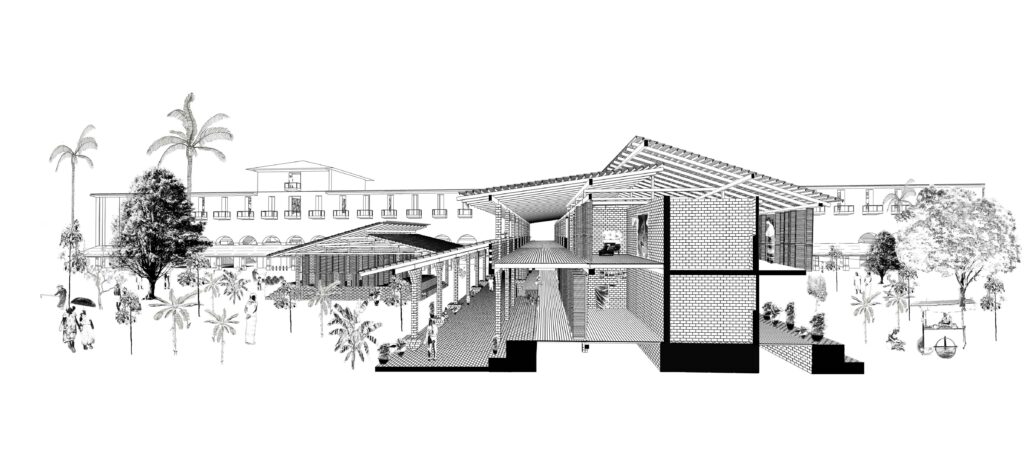 coupe perspective du projet architecture vernaculaire à Yangon en Birmanie réalisé par Arsène Frère et Roman Perraudin de l'agence atelier entourage