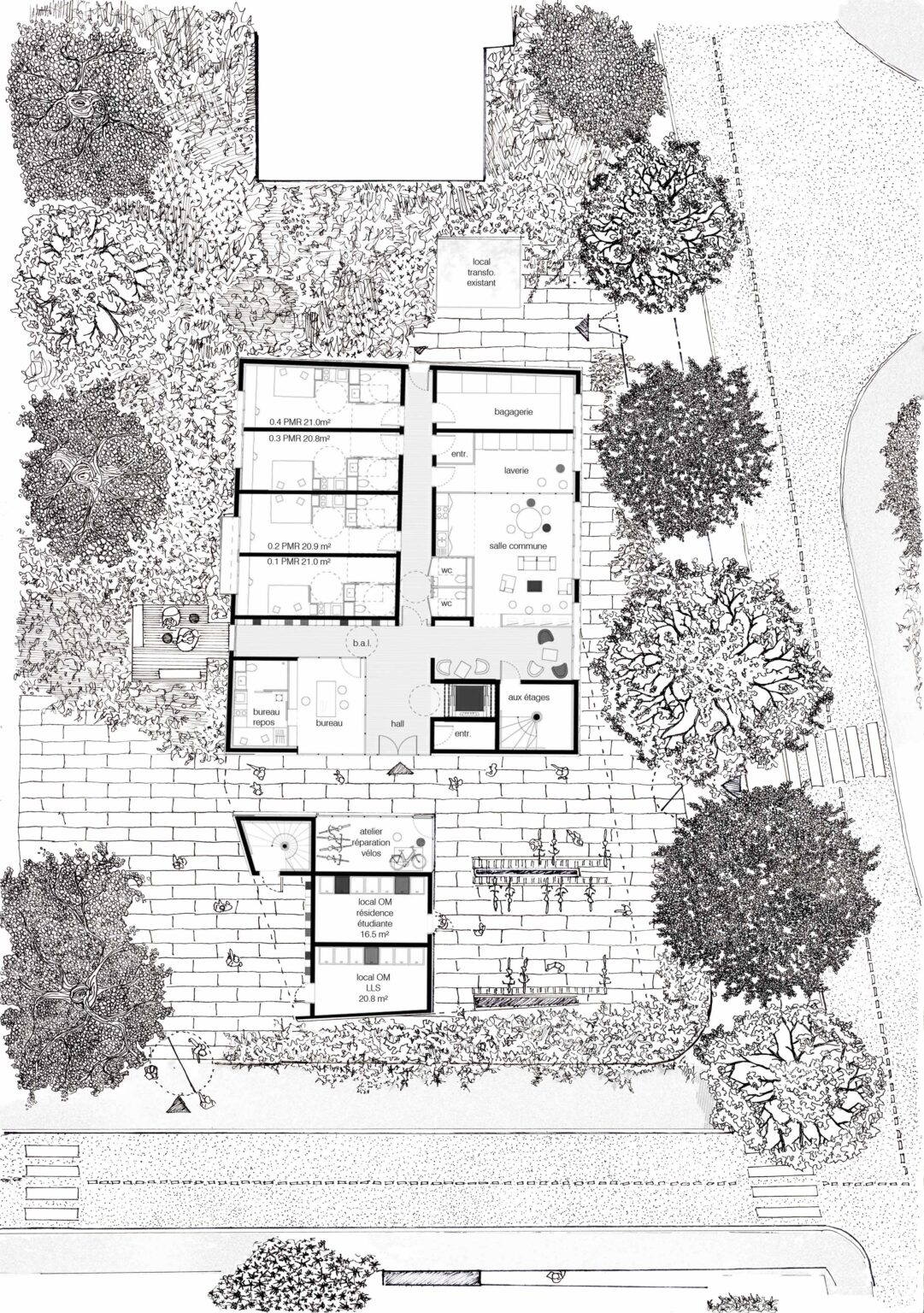 Plan d'architecture et de paysagisme d'une résidence étudiante à L’Haÿ-les-Roses dessiné à la main par les architectes Arsène Frère et Roman Perraudin de l'agence d'architecture et d'urbanisme Atelier Entourage