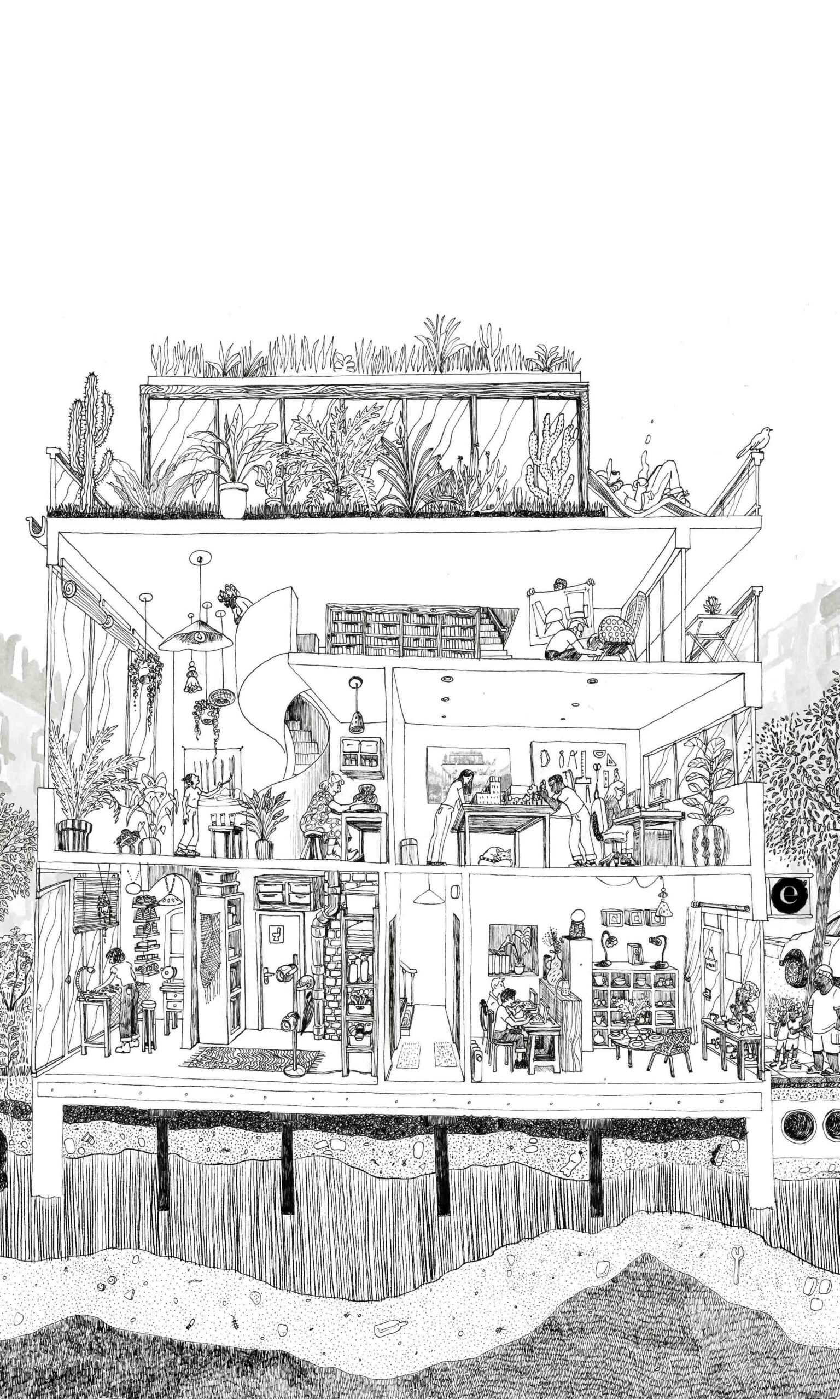 Dessin d'Alice Sarrauste : coupe d'une maison habitée, jardin sur le toit, façades à l'encre