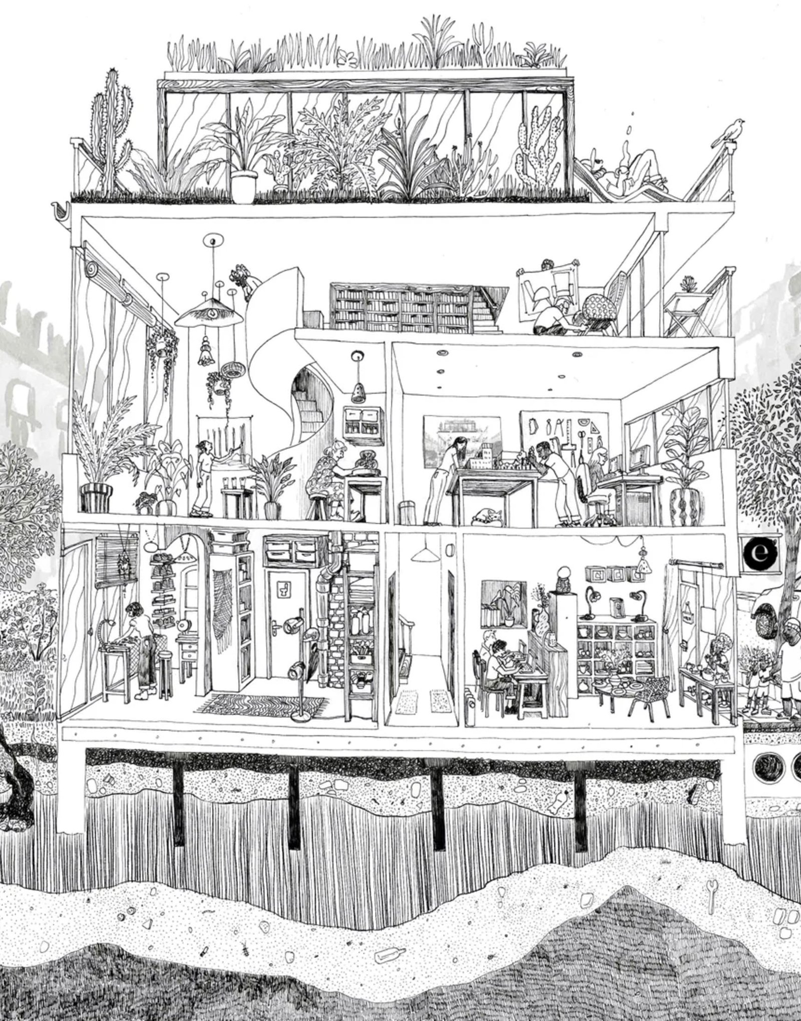Dessin d'Alice Sarrauste : coupe d'une maison habitée, jardin sur le toit, façades à l'encre